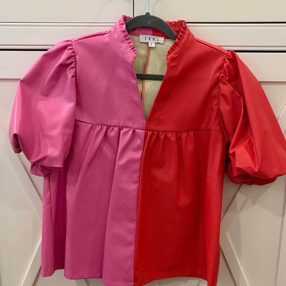 THML Pink & Red Colorblock Puff Sleeve Blouse size S vegan leather Pleather EUC